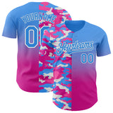 Custom Electric Blue Deep Pink-White Half Camo Ombre Authentic Baseball Jersey