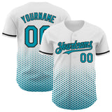 Custom White Teal-Black Geometric Hexagonal Dot Gradient Authentic Baseball Jersey
