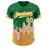 Custom Kelly Green Cream-Gold Ice Cream Waffle Foodie Dessert Authentic Baseball Jersey