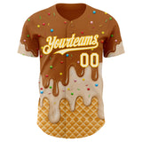 Custom Chocolate Brown Cream-Gold Ice Cream Waffle Foodie Dessert Authentic Baseball Jersey