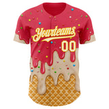 Custom Coral Red Cream-Gold Ice Cream Waffle Foodie Dessert Authentic Baseball Jersey
