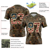 Custom Camo Vintage USA Flag Cream Brown-Olive Authentic Woodland Camouflage Salute To Service 7V7 Flag Football Jersey