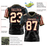 Custom Camo Cream Crimson-Olive Authentic American Flag Stars And Stripes Two Tone Salute To Service 7V7 Flag Football Jersey