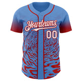 Custom Powder Blue White-Red Fluid Wave Splatter Gradient Authentic Baseball Jersey