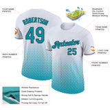 Custom White Teal-Black Geometric Hexagonal Dot Gradient Performance T-Shirt