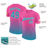 Custom Pink Teal-White Geometric Hexagonal Dot Gradient Performance T-Shirt