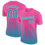 Custom Pink Teal-White Geometric Hexagonal Dot Gradient Performance T-Shirt