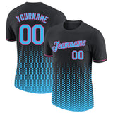 Custom Black Sky Blue-Pink Geometric Hexagonal Dot Gradient Performance T-Shirt