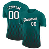 Custom Teal White-Black Geometric Hexagonal Dot Gradient Performance T-Shirt