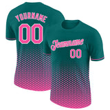 Custom Teal Pink-White Geometric Hexagonal Dot Gradient Performance T-Shirt