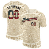 Custom Cream Vintage USA Flag-Black Tribal Ethnic Aztec Sun Stone 3D Pattern Performance T-Shirt