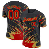 Custom Black Red-Old Gold Brush Stroke Shatter Splatter Performance T-Shirt