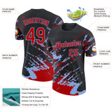Custom Black Red-Light Blue Brush Stroke Shatter Splatter Performance T-Shirt
