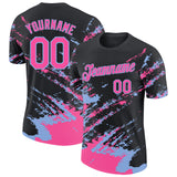Custom Black Pink-Light Blue Brush Stroke Shatter Splatter Performance T-Shirt