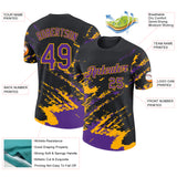 Custom Black Purple-Gold Brush Stroke Shatter Splatter Performance T-Shirt