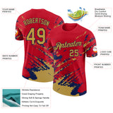 Custom Red Old Gold-Navy Brush Stroke Shatter Splatter Performance T-Shirt