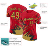 Custom Red Old Gold-Black Brush Stroke Shatter Splatter Performance T-Shirt