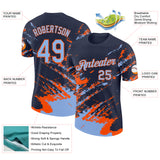 Custom Navy Light Blue-Orange Brush Stroke Shatter Splatter Performance T-Shirt