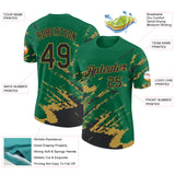 Custom Kelly Green Black-Old Gold Brush Stroke Shatter Splatter Performance T-Shirt