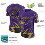 Custom Purple Black-Old Gold Brush Stroke Shatter Splatter Performance T-Shirt