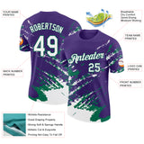 Custom Purple White-Kelly Green Brush Stroke Shatter Splatter Performance T-Shirt