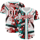 Custom White Black Red-Aqua Geometric Shards Dot Grid Authentic Baseball Jersey