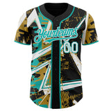 Custom Black White Old Gold-Aqua Geometric Shards Dot Grid Authentic Baseball Jersey