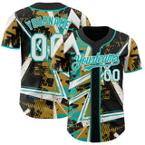 Custom Black White Old Gold-Aqua Geometric Shards Dot Grid Authentic Baseball Jersey