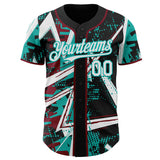 Custom Black White Crimson-Aqua Geometric Shards Dot Grid Authentic Baseball Jersey