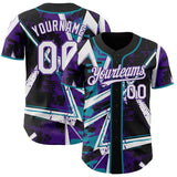 Custom Black White Teal-Purple Geometric Shards Dot Grid Authentic Baseball Jersey