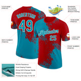 Custom Red Teal-White Abstract Brush Stroke Performance T-Shirt