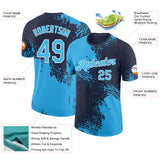 Custom Navy Sky Blue-White Abstract Brush Stroke Performance T-Shirt