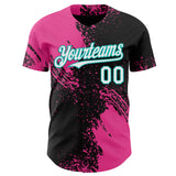Custom Black White Pink-Aqua Abstract Brush Stroke Authentic Baseball Jersey