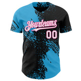 Custom Black White Sky Blue-Pink Abstract Brush Stroke Authentic Baseball Jersey
