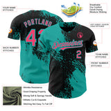 Custom Black Neon Pink-Aqua Abstract Brush Stroke Authentic Baseball Jersey