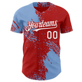 Custom Red White-Light Blue Abstract Brush Stroke Authentic Baseball Jersey