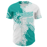 Custom White-Aqua Abstract Brush Stroke Authentic Baseball Jersey