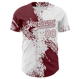 Custom White-Burgundy Abstract Brush Stroke Authentic Baseball Jersey