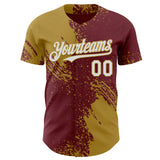 Custom Burgundy White-Old Gold Abstract Brush Stroke Authentic Baseball Jersey