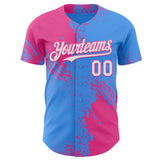 Custom Electric Blue White-Pink Abstract Brush Stroke Authentic Baseball Jersey
