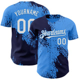 Custom Electric Blue White-Navy Abstract Brush Stroke Authentic Baseball Jersey