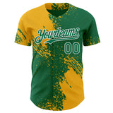 Custom Kelly Green Gold-White Abstract Brush Stroke Authentic Baseball Jersey