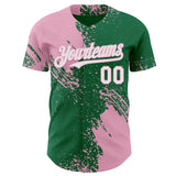 Custom Kelly Green White-Light Pink Abstract Brush Stroke Authentic Baseball Jersey