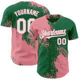 Custom Kelly Green White-Medium Pink Abstract Brush Stroke Authentic Baseball Jersey