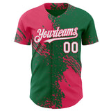 Custom Kelly Green White-Neon Pink Abstract Brush Stroke Authentic Baseball Jersey