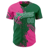 Custom Kelly Green Pink-White Abstract Brush Stroke Authentic Baseball Jersey