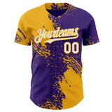 Custom Purple White-Gold Abstract Brush Stroke Authentic Baseball Jersey
