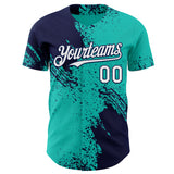 Custom Aqua White-Navy Abstract Brush Stroke Authentic Baseball Jersey