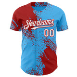 Custom Sky Blue White-Red Abstract Brush Stroke Authentic Baseball Jersey