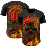 Custom Black Red-Old Gold Flames Skull Authentic Baseball Jersey